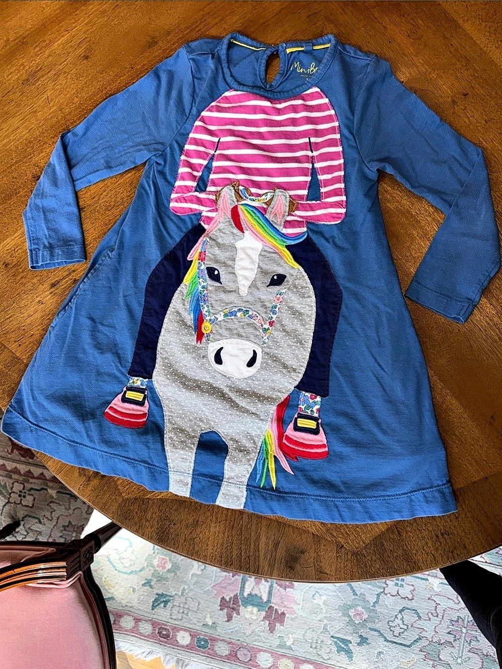 Mini Boden Big Horse Applique Tunic Girls Size 5-6Y Blue & Pink